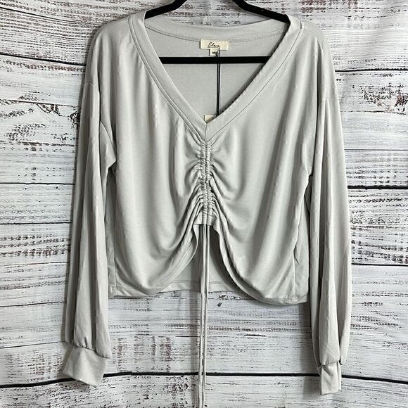 Elan Top Womens size Medium pull string V Neck Gray Stone pullover New - Picture 4 of 13